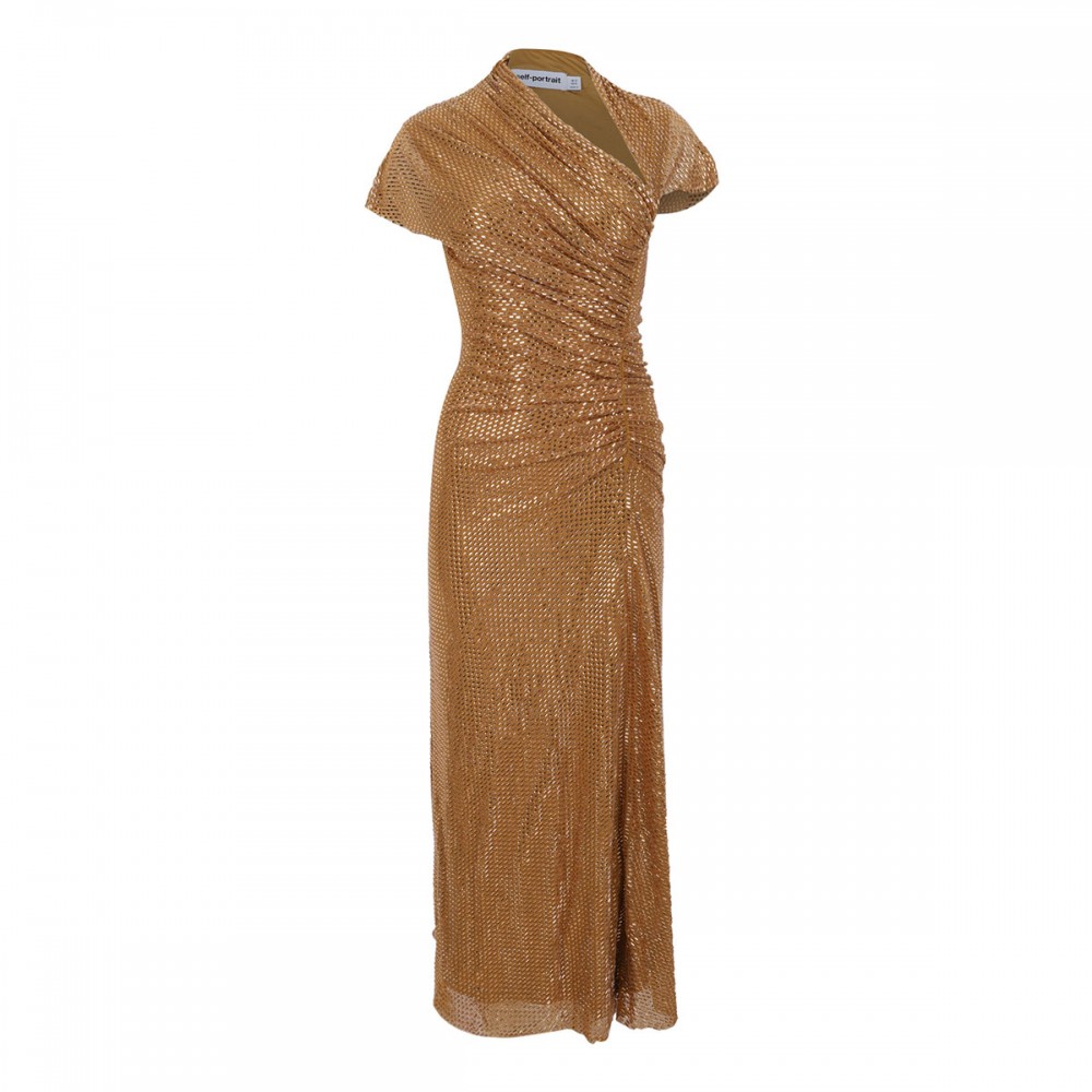 Gold rhinestone drape midi dress