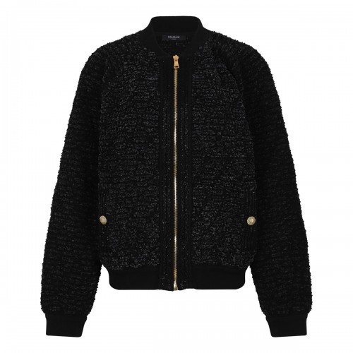 Quilted fluffy tweed bomber