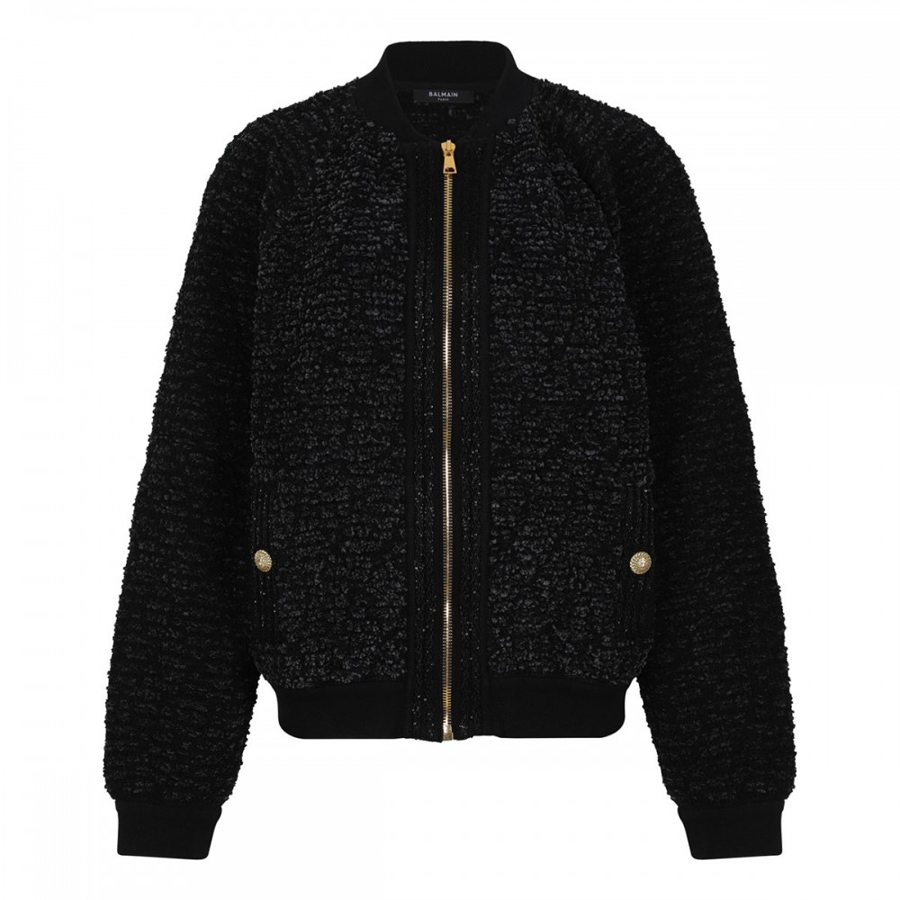 Quilted fluffy tweed bomber