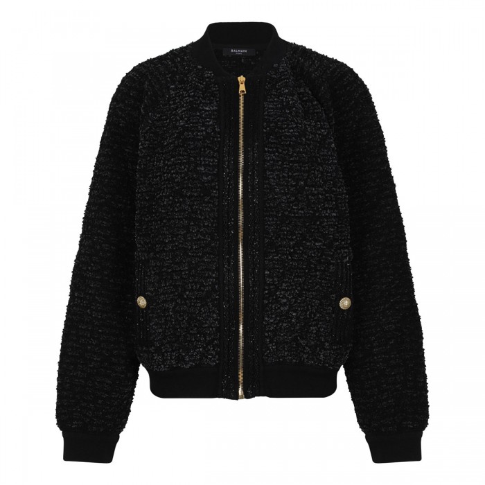 Quilted fluffy tweed bomber