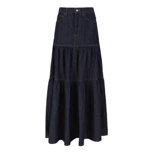 Denim long ruffled skirt