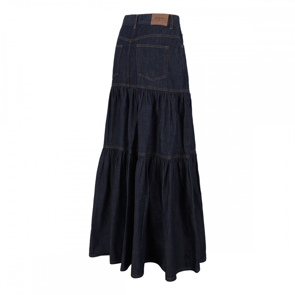 Denim long ruffled skirt