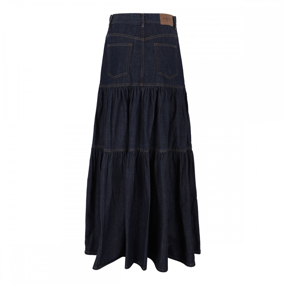 Denim long ruffled skirt