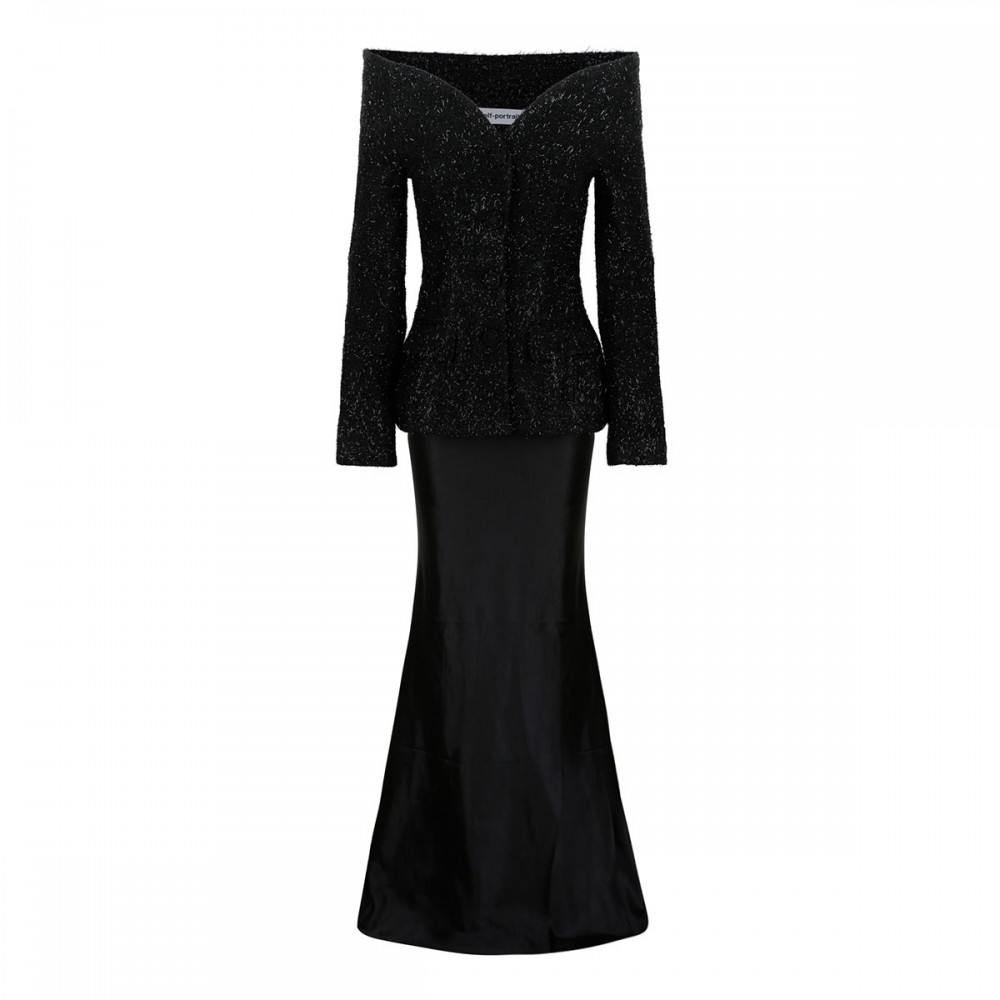 Black metallic boucle satin maxi dress