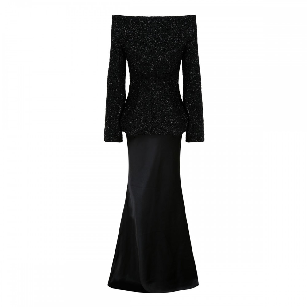 Black metallic boucle satin maxi dress