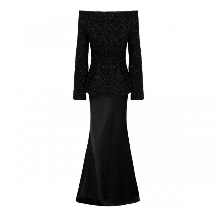 Black metallic boucle satin maxi dress