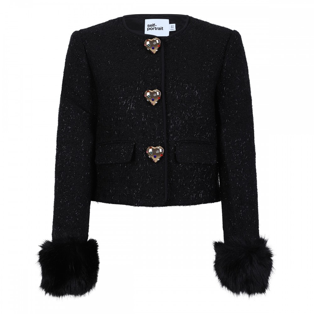 Black metallic boucle fur cuff jacket