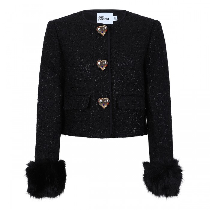 Black metallic boucle fur cuff jacket