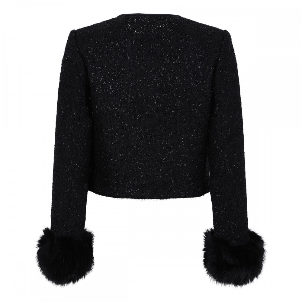 Black metallic boucle fur cuff jacket