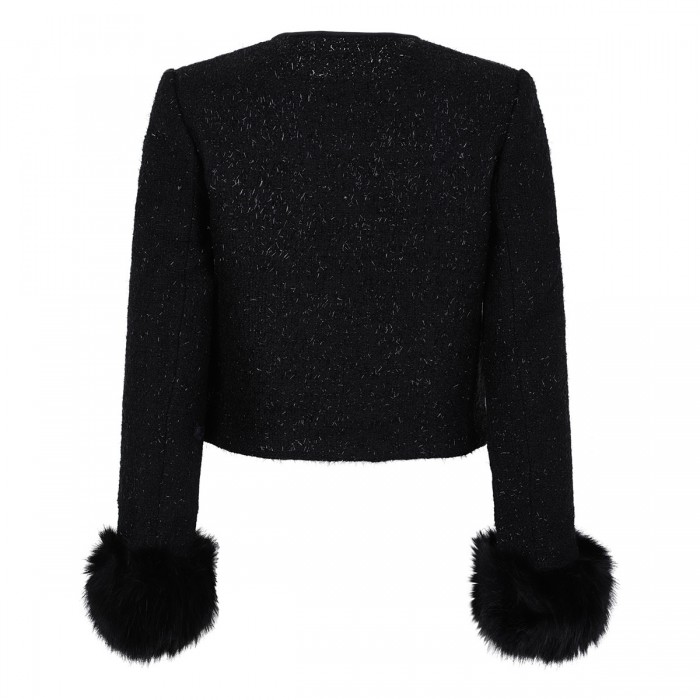 Black metallic boucle fur cuff jacket