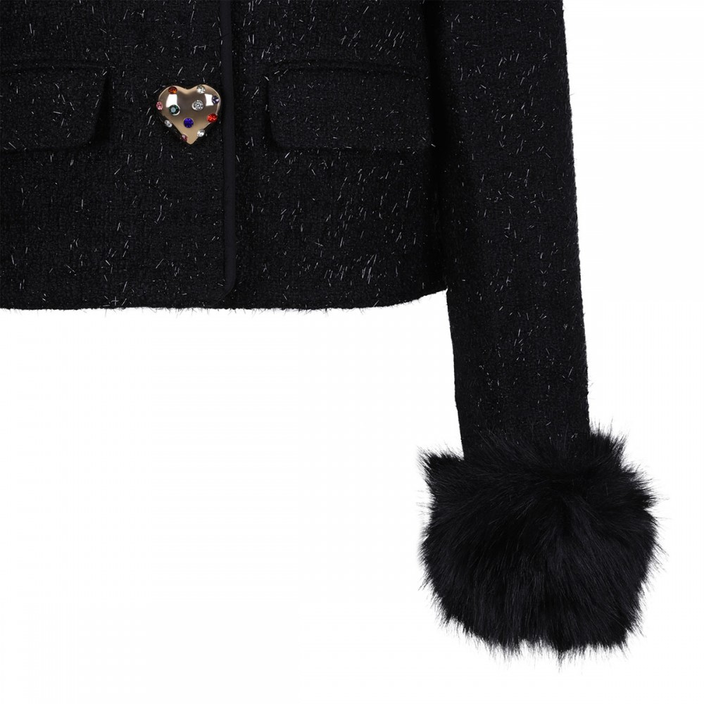 Black metallic boucle fur cuff jacket