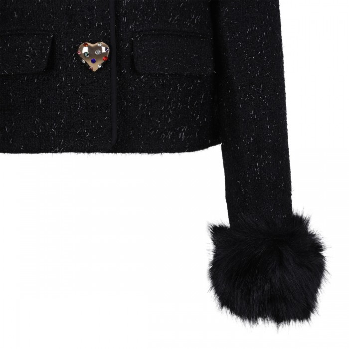 Black metallic boucle fur cuff jacket
