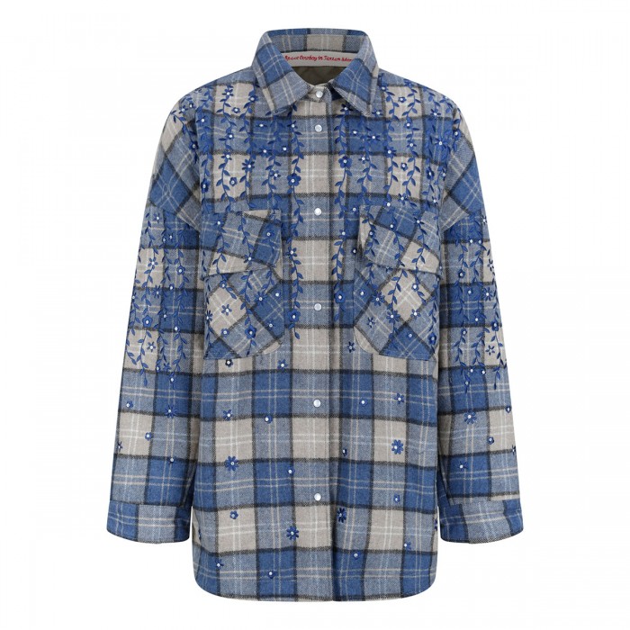 Embroidered flannel overshirt with crystals