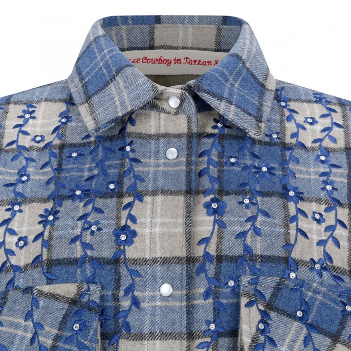 Embroidered flannel overshirt with crystals