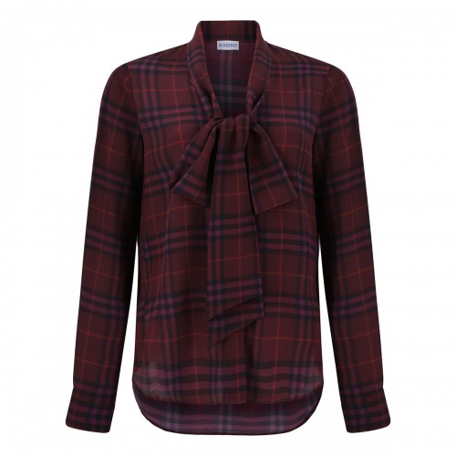 Check silk scarf blouse