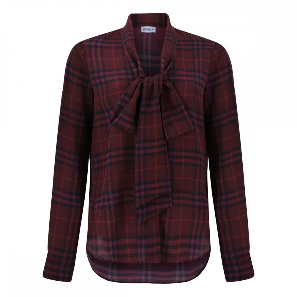Check silk scarf blouse