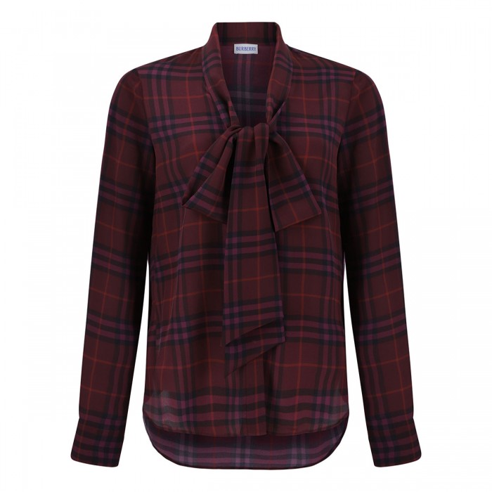 Check silk scarf blouse