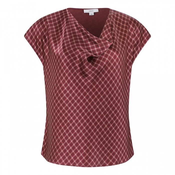 Ombré plaid cowl neck silk top