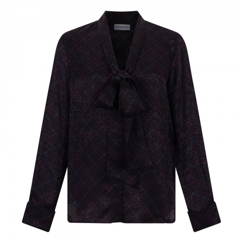 Check silk blend scarf blouse