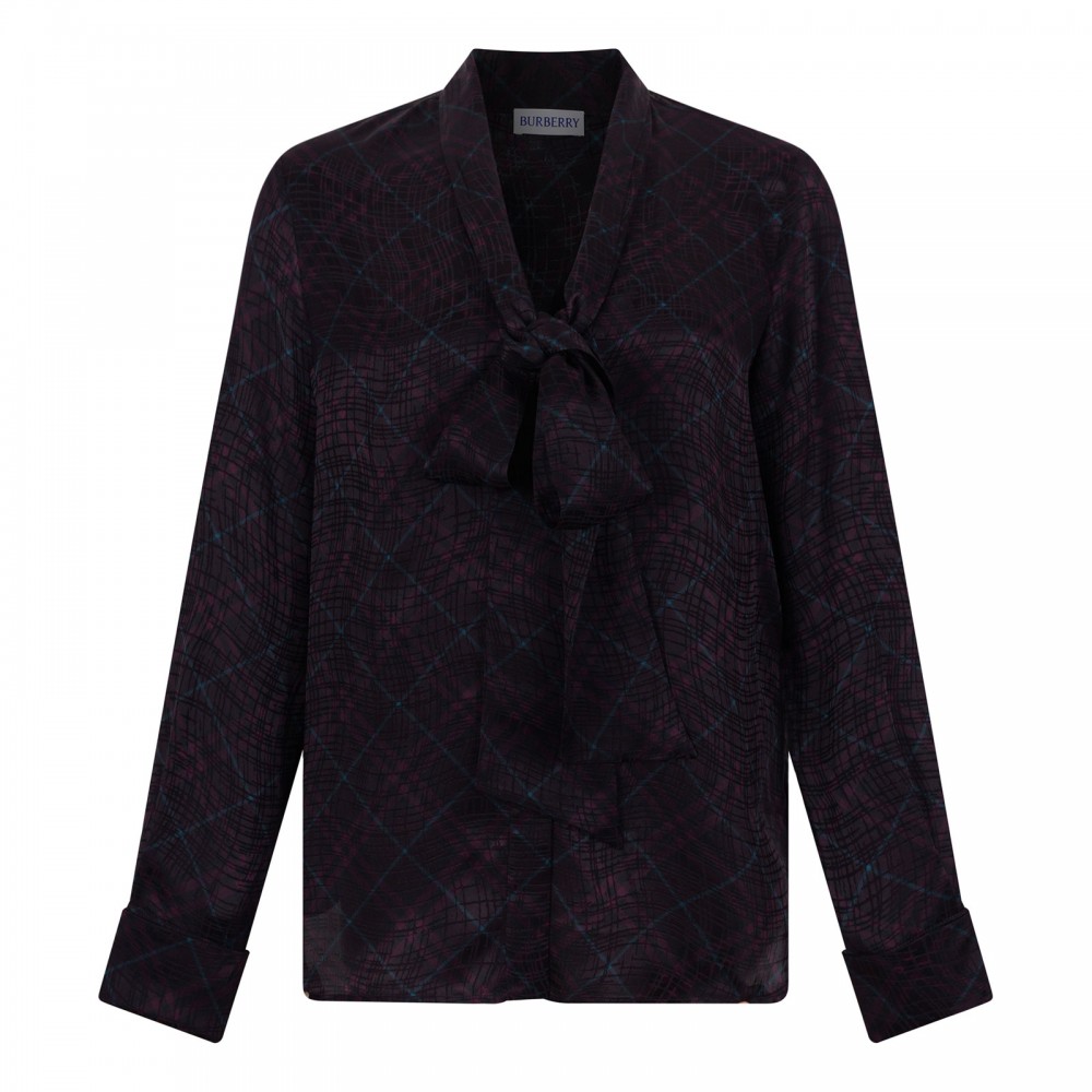 Check silk blend scarf blouse