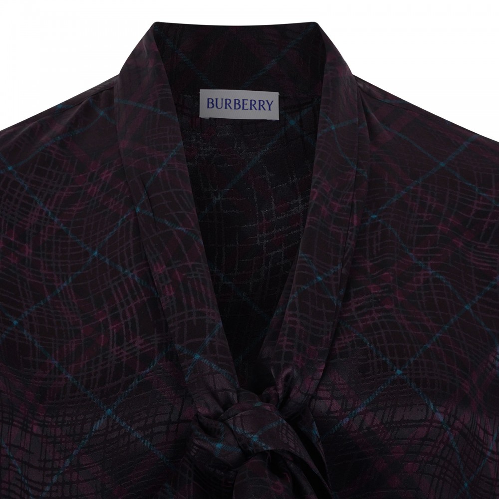 Check silk blend scarf blouse
