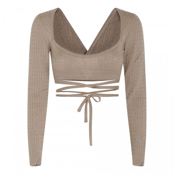 Taupe cable-knit wrap top