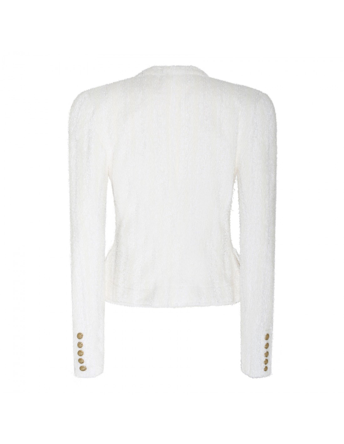 Collarless white tweed jacket