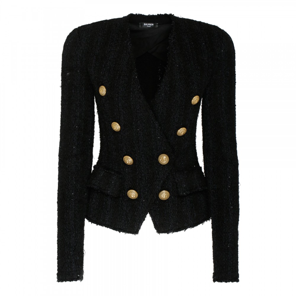 Collarless black tweed jacket