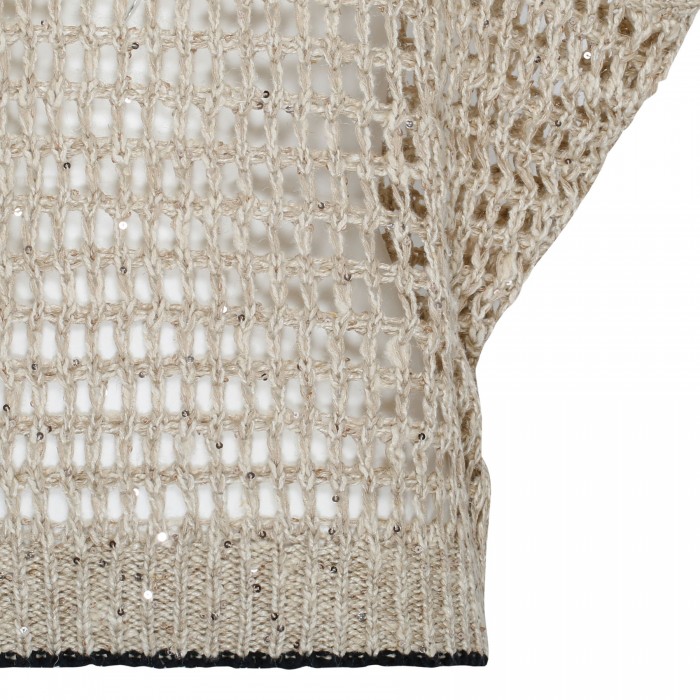 Beige crochet linen and silk blend top