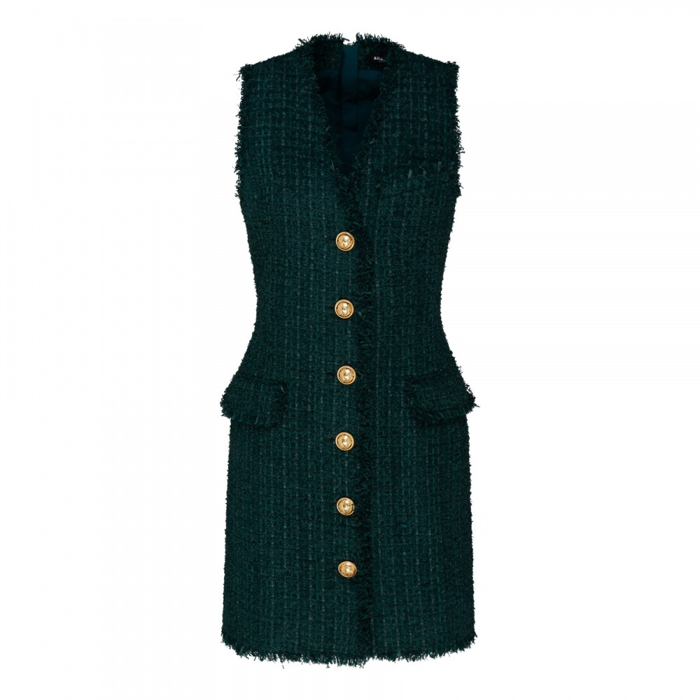 Sleeveless dark green tweed dress