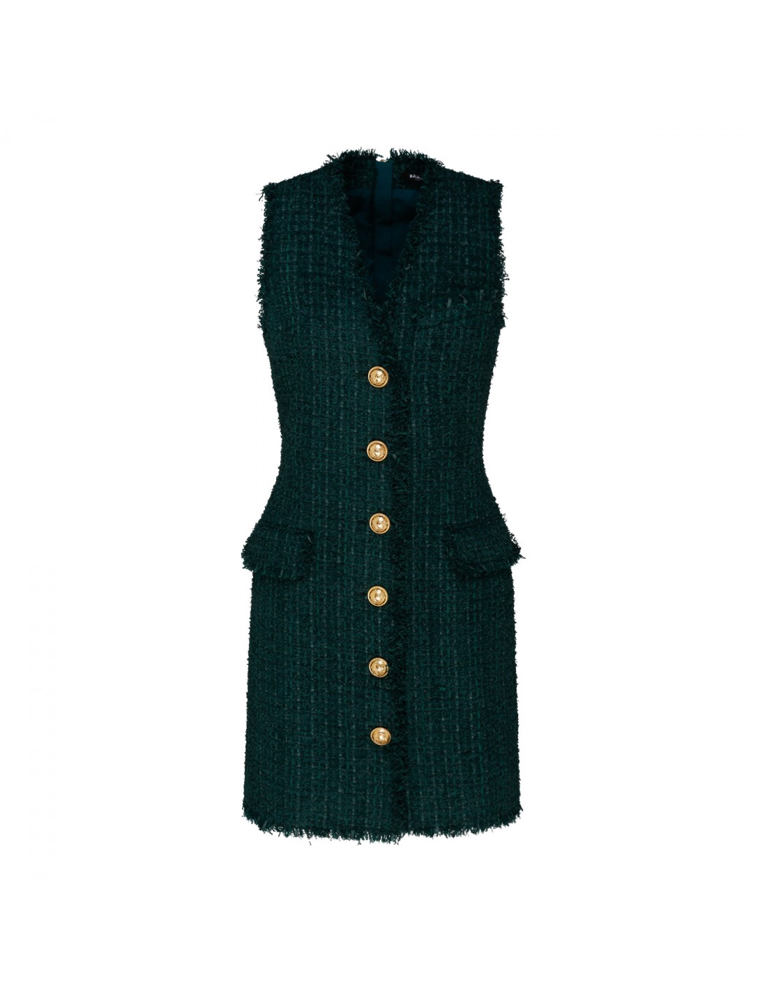 Sleeveless dark green tweed dress